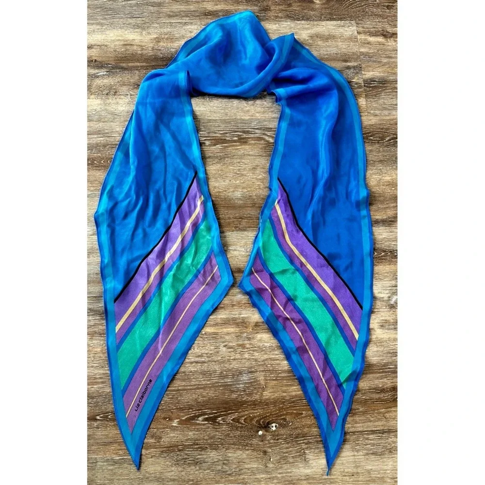 Vtg Liz Claiborne Silk Scarf Long Tapered Ends Blue Stripes 1980s